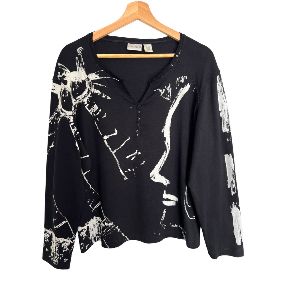 Chicos Abstract Face Palm Tree Graphic Henley Top Black White Cotton Size 3 XL